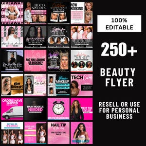 Pacote com mais de 250 modelos de folhetos de beleza editáveis da MRR PLR | Cartões de visita para salão de beleza, spa, cílios, unhas e brochuras da Canva | Revenda de produtos digitais