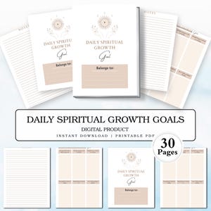 May include: Printable digital planner with 30 pages for daily spiritual growth goals. The pages feature a beige background with a hand-drawn illustration of hands reaching up to a sun with a star inside. The text "Daily Spiritual Growth Goal" is written in a brown font with a decorative flourish. The text "Belongs to:" is written below the title.