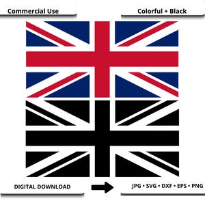 May include: A digital download graphic featuring the Union Jack flag in two versions: a colorful rendition with red, white, and blue, and a black and white version. Text indicates "Commercial Use" and "Colorful + Black".