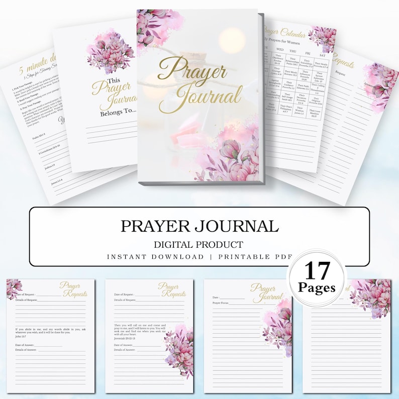 Printable prayer journal with 17 pages, featuring a watercolor pink floral cover and gold lettering titled “Prayer Journal,” digital faith journal PDF