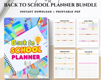 Può includere: Un set di planner scolastici stampabili con una copertina colorata che presenta materiale scolastico e il testo "Back to School Planner". Il set include pagine per date importanti, pianificazione delle lezioni, tracciamento degli incarichi e liste di cose da fare.