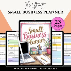 May include: A digital planner for small businesses with a colorful illustration of a laptop, pencils, and plants on a desk. The planner includes 23 pages with sections for financial planning, sales and revenue, growth trends, customer relationship and lead tracking, and monthly business reviews.