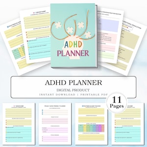 May include: An ADHD planner with 11 pages, featuring a brain dump, daily planner, routines and habit tracker, and emotional regulation sections. The cover features a blue background with a head made of puzzle pieces and the text "ADHD Planner".