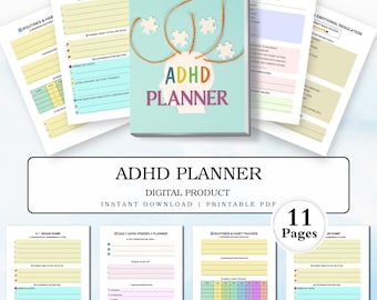 May include: An ADHD planner with 11 pages, featuring a brain dump, daily planner, routines and habit tracker, and emotional regulation sections. The cover features a blue background with a head made of puzzle pieces and the text "ADHD Planner".