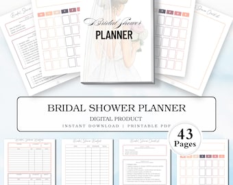 May include: A printable bridal shower planner with 43 pages. The planner features a watercolor illustration of a bride in a white dress and veil. The planner includes checklists, budget trackers, and guest lists.