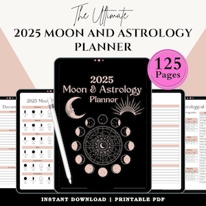 以下が含まれることがあります： 黒の背景にピンクと白の月と占星術のデザインが施された、2025年のデジタルプランナー。このプランナーは125ページあり、すぐにダウンロードできます。表紙には「2025 Moon & Astrology Planner」というテキストが表示されています。
