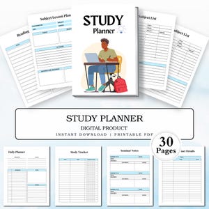 May include: A printable study planner with 30 pages. The planner includes sections for daily planning, subject lesson plans, study tracking, seminar notes, subject lists, and fact details. The cover features a cartoon illustration of a student studying at a desk.