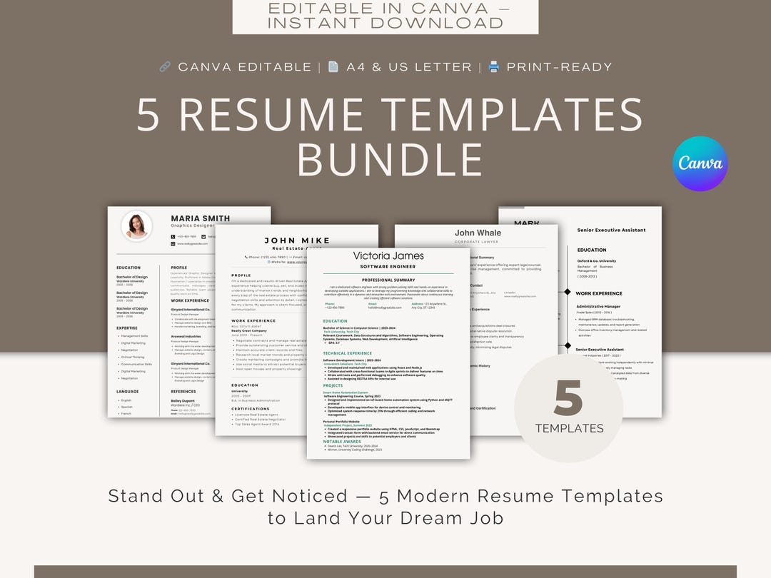 5 Ats-friendly Resume Templates for Canva – Modern, Editable CV Bundle ...
