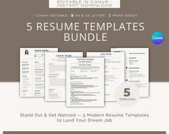 ATS Friendly Resume Templates Bundle | Canva Editable CV (Digital Download)