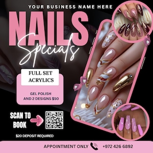 May include: A promotional image for nail services. The image features the text "NAILS Specials" in pink and white. It also includes a phone with nail designs, a QR code, and the text "SCAN TO BOOK". The image is on a black background.