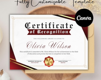 Recognition Certificate Template: Canva Custom Award (Digital Download)