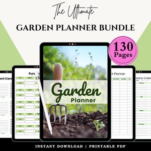 Könnte beinhalten: Ein digitales Gartenplaner-Paket mit 130 Seiten. Das Titelbild zeigt eine Gartenhacke im Boden mit grünen Pflanzen im Hintergrund. Der Text "Garden Planner" ist in Grün auf dem Cover.