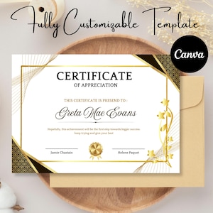 Modèle de certificat d'appréciation modifiable Canva | Certificat de récompense imprimable | Remerciement personnalisé | Téléchargement numérique instantané