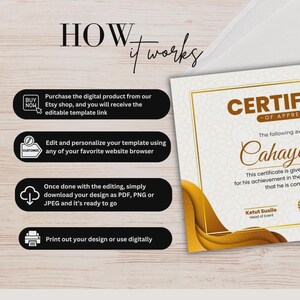May include: A digital certificate template with gold accents and the text "CERTIFICATE OF APPRECIATION." Instructions read: Buy, Customize, Download, and Print. The certificate is for "Cahaya" and signed by Ketut Susilo.