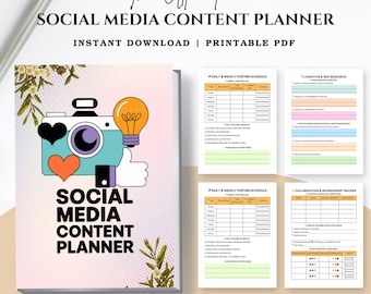 Könnte beinhalten: Ein druckbarer Social-Media-Content-Planer mit einem rosa-weißen Cover, das eine Cartoon-Kamera mit einem Herz, einem Mond und einer Glühbirne zeigt. Der Planer enthält Abschnitte für tägliche und wöchentliche Posting-Pläne, Hashtag- und SEO-Recherche sowie die Verfolgung von Kollaborationen und Sponsoring.
