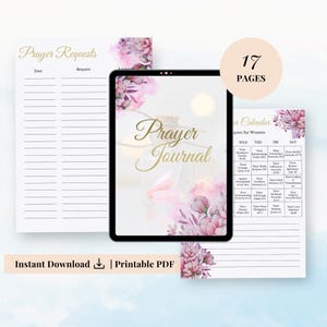 以下が含まれることがあります： 17ページの印刷可能な祈りのジャーナルで、花柄のデザインと「Prayer Journal」のテキストが特徴です。ジャーナルには、祈りのリクエストセクション、女性のための祈りのカレンダー、花柄のデザインが含まれています。