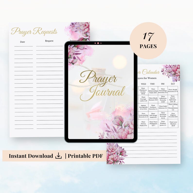 以下が含まれることがあります： 17ページの印刷可能な祈りのジャーナルで、花柄のデザインと「Prayer Journal」のテキストが特徴です。ジャーナルには、祈りのリクエストセクション、女性のための祈りのカレンダー、花柄のデザインが含まれています。
