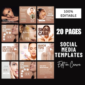 Könnte beinhalten: Eine Sammlung von Social-Media-Vorlagen für Hautpflege- und Schönheitsprodukte. Die Vorlagen zeigen Bilder von Frauen, Produktflaschen und Text wie "Face Serum", "Quick Tips" und "Beauty Clinic". Das Design ist modern und enthält den Text "100% Editable" und "20 Pages".