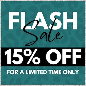 May include: A teal background with a leopard print pattern and a silver border. The words "FLASH Sale" are in white, with "Sale" in a cursive font. Below, a black banner reads "15% OFF" and "FOR A LIMITED TIME ONLY".