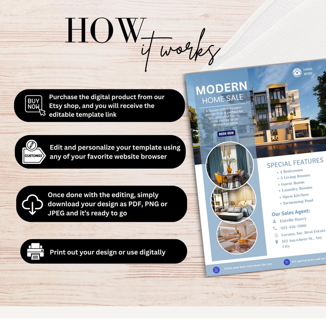 Real Estate Interior Design Flyer Canva Template | White Blue Modern ...
