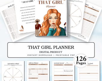 Könnte beinhalten: Ein digitaler Planer mit dem Titel "That Girl Planner", der eine Frau mit langen roten Haaren und einem türkisfarbenen Pullover zeigt. Der Planer umfasst 126 Seiten und beinhaltet Abschnitte für Zielsetzung, Selbstpflege, Dankbarkeitstagebuch und Lebensbalance.