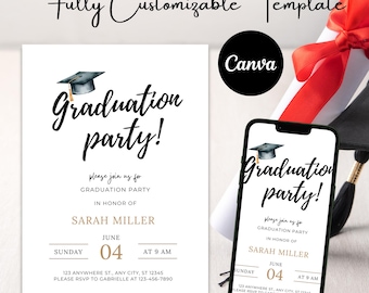 May include: A printable graduation party invitation template with a black and white watercolor illustration of a graduation cap. The text on the invitation reads "Graduation party!" and includes the date, time, and location of the party. The template is customizable and can be edited using Canva.
