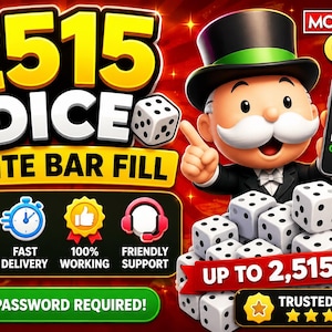 Pode incluir: Um gráfico promocional do Monopoly Go com o personagem Mr. Monopoly segurando um smartphone com o texto INVITE BAR COMPLETE. A imagem exibe o texto 2515 DICE INVITE BAR FILL, UP TO 2,515 DICE e NO PASSWORD REQUIRED, junto com ícones de entrega segura e suporte.