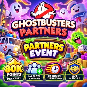 May include: A digital graphic for a Ghostbusters Partners event featuring the iconic logo, a white Ecto-1 vehicle, a green Slimer character, and cartoon ghosts. Text includes 80K POINTS FULL CARRY, 1-4 SLOTS AVAILABLE, 24 HOURS TURNAROUND, and SAFE & SECURE.