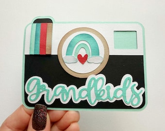 Grandkids Scrapbook title camera shaped embellishment layered paper piecing for scrapbook layouts by my tear bears kira