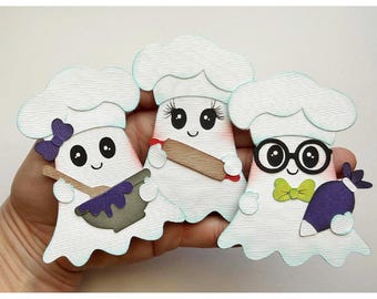 Scrapbook Halloween ghosts set of 3 baking ghosts premade paper piecing for cards, planner,  by my tear bears kira