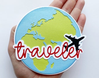 Traveler Scrapbook title, vacation travel world vacation theme. made to order paper piecing for scrapbook layouts by my tear bears kira