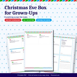 Peut inclure: Un coffret numérique imprimable pour le réveillon de Noël pour adultes comprenant des cartes de conversation et des fiches d'activités. Les pages présentent des questions numérotées et des recettes avec des bordures rouges, vertes et bleues.