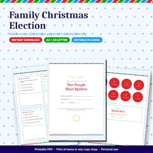 Puede incluir: Un kit imprimible de elecciones familiares de Navidad que incluye papeletas, un póster de resultados y una etiqueta para la urna. Los documentos tienen un fondo blanco con copos de nieve azules y bordes a rayas.