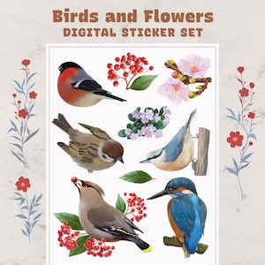 Digitale stickerset vogels en bloemen – handgetekende sticker met dieren in het wild, afdrukbare natuurstickers