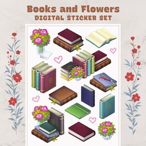 Books and Flowers Digital Sticker Set – Hand-Drawn, High-Quality, Printable Book Stickers