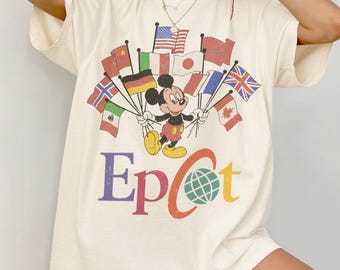 Camiseta Comfort Colors Epcot Mickey Flags, Camiseta Vintage World Tour, Camiseta unisex WDW estilo años 90, Disney EPCOT World Tour, Camiseta para viaje familiar