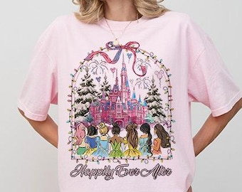 Maglietta Disney Princess Coquette Bows Christmas Lights Happily Ever After, festa di Natale di Topolino, regali di Natale a Disneyland