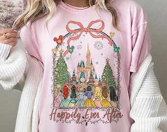 Maglietta Disney Princess Coquette Bows Christmas Lights Happily Ever After, festa di Natale di Topolino, regali di Natale a Disneyland