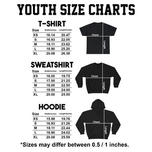 May include: A youth size chart for t-shirts, sweatshirts, and hoodies. The chart includes measurements in inches for width and length, with sizes ranging from XS to XL. The text "Sizes may differ between 0.5 / 1 inches" is at the bottom.