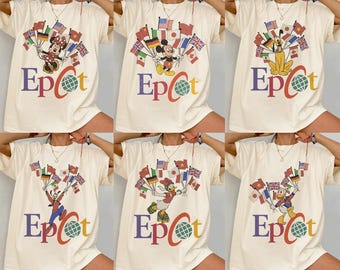Koszulka Comfort Colors® Epcot Myszka Miki i Przyjaciele Flagi Narodów Vintage 90's Style WDW Unisex Koszulka Disney Epcot World Tour, Disneyland