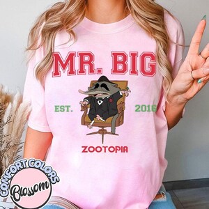 Puede incluir: Camiseta rosa claro con el texto "MR. BIG" en letras rojas. Debajo, una ilustraci&oacute;n de dibujos animados de una rata con traje, sentada en una silla. La camiseta tambi&eacute;n presenta el texto "EST. 2016" y "ZOOTOPIA".