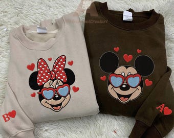 Couple Mouse And Girlfriend Embroidered Sweatshirts, Magical Land Valentine Embroidered Hoodie, Cartoon Mouse Couple Embroidered Sweaters