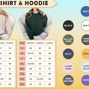 May include: Image features two sweatshirts and a color chart. One sweatshirt is beige, the other is dark green. The color chart includes options like black, white, navy, and red. Size and measurement details are also provided.
