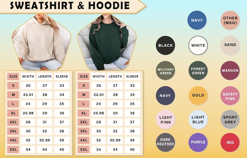 May include: Image features two sweatshirts and a color chart. One sweatshirt is beige, the other is dark green. The color chart includes options like black, white, navy, and red. Size and measurement details are also provided.
