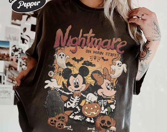 Vintage Mickey & Minnie Skeleton Nightmare On Main Street Comfort Colors Shirts, Mickey Skeleton Shirts, Disney Trip Halloween 2026 Shirts
