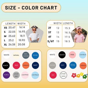 K&ouml;nnte beinhalten: Eine Gr&ouml;&szlig;en- und Farbtabelle f&uuml;r Kinder-T-Shirts. Die Tabelle zeigt die Ma&szlig;e in cm f&uuml;r verschiedene Gr&ouml;&szlig;en, darunter XS, S, M, L und XL. Farboptionen sind Wei&szlig;, Schwarz, Rot, Orange, Marineblau und mehr.