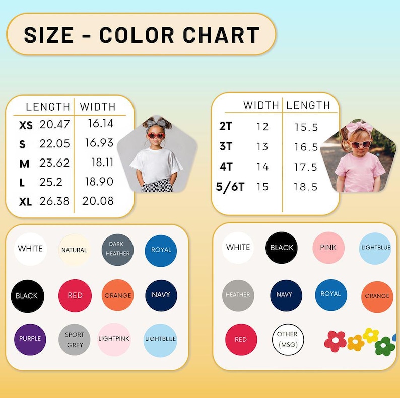 K&ouml;nnte beinhalten: Eine Gr&ouml;&szlig;en- und Farbtabelle f&uuml;r Kinder-T-Shirts. Die Tabelle zeigt die Ma&szlig;e in cm f&uuml;r verschiedene Gr&ouml;&szlig;en, darunter XS, S, M, L und XL. Farboptionen sind Wei&szlig;, Schwarz, Rot, Orange, Marineblau und mehr.