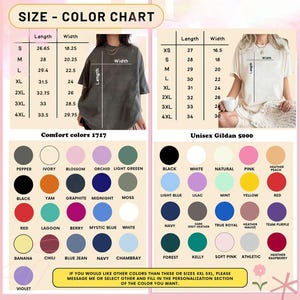May include: Size and colour chart for Comfort Colours 1717 and Unisex Gildan 5000 t-shirts. Includes length and width measurements in inches for sizes XS to 4XL. A wide range of colours are displayed, including black, white, red, and blue.