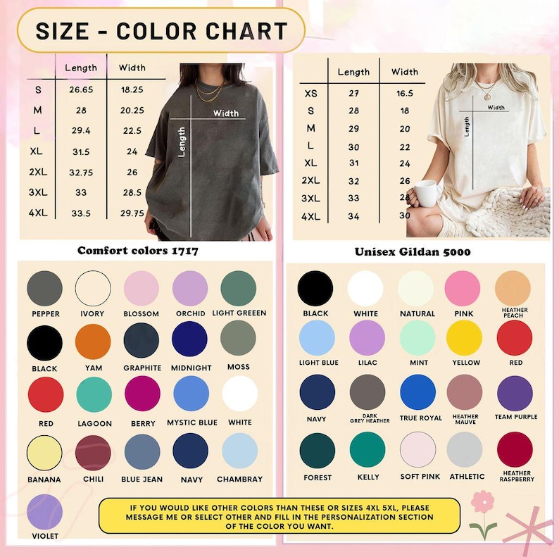 May include: Size and colour chart for Comfort Colours 1717 and Unisex Gildan 5000 t-shirts. Includes length and width measurements in inches for sizes XS to 4XL. A wide range of colours are displayed, including black, white, red, and blue.