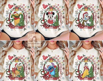 Koszulka retro Disney Very Merry Christmas, spersonalizowana koszulka świąteczna Disney ze wszystkimi postaciami, rodzinne koszulki świąteczne Disney, świąteczna koszulka grupowa
